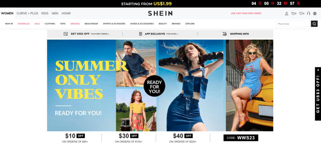 The main homepage of shein.com