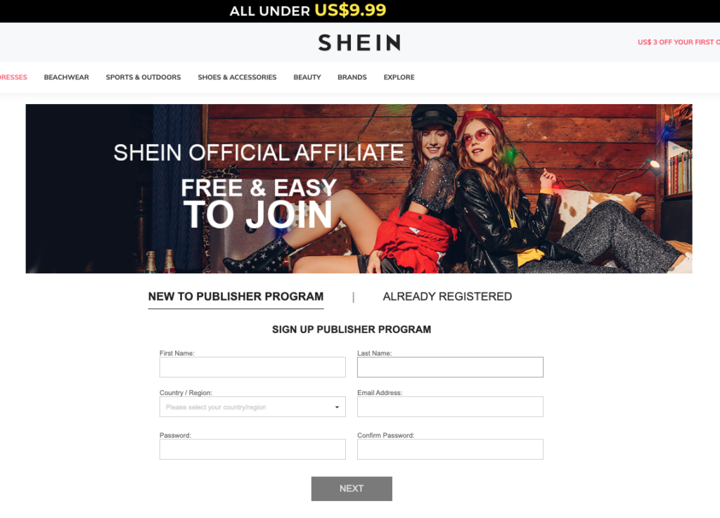 Sign up to become an affiliate partner with SHEIN