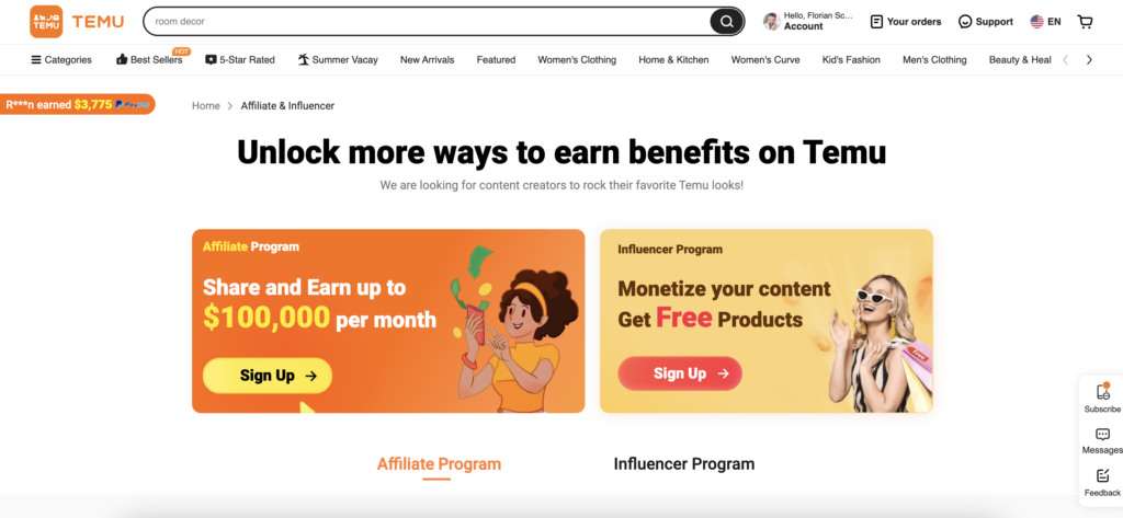 TEMU's affiliate page lets you sign up for the program