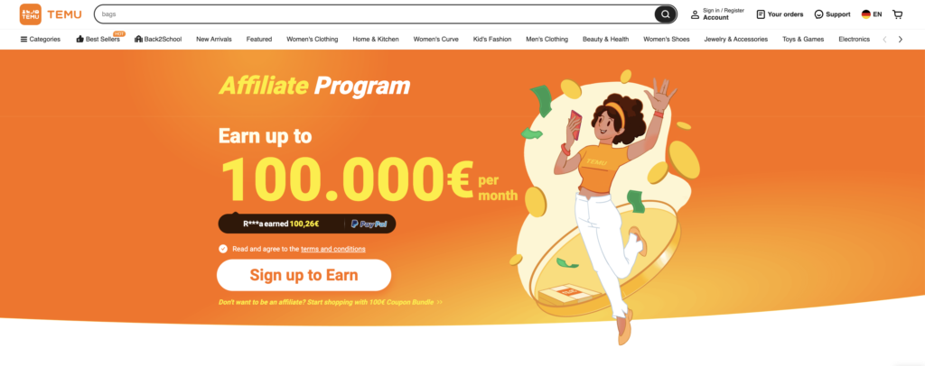 TEMU's affiliate program lets you earn up to $100,000 per month