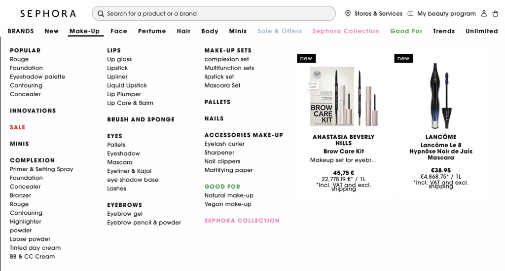 Sephora offers a wide range of products via their website sephora.com