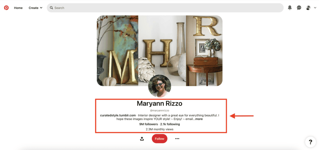 A Pinterest user profile that is well optimzed