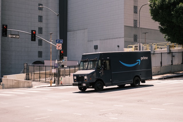 An Amazon truck delivers orders to customers in the US