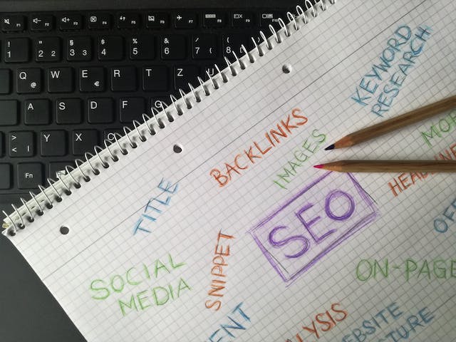 Paper with marketing terms and SEO written on it